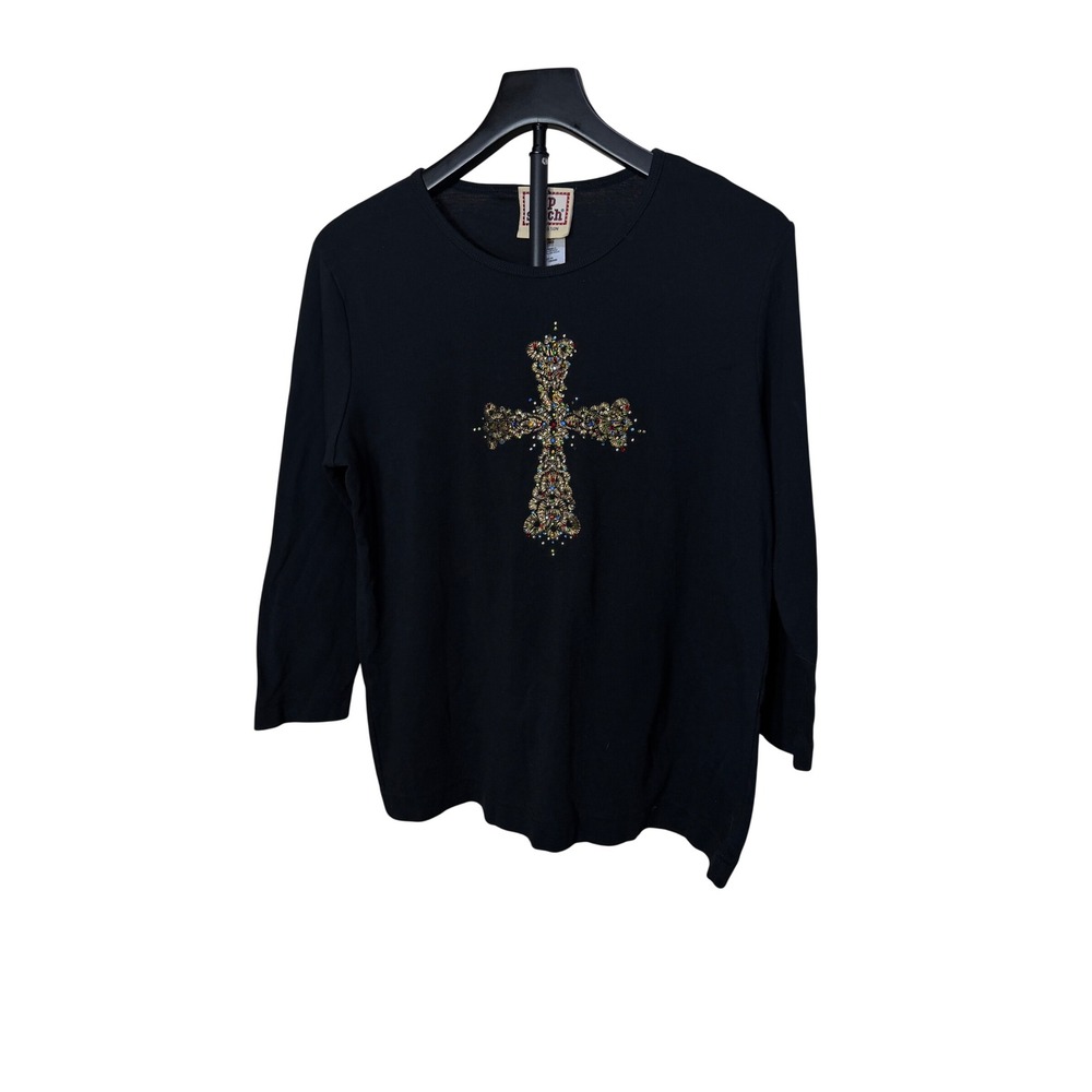Top‎ Stitch Morning Sun Womens Medium Black Cross Embroidered Rhinestone Top